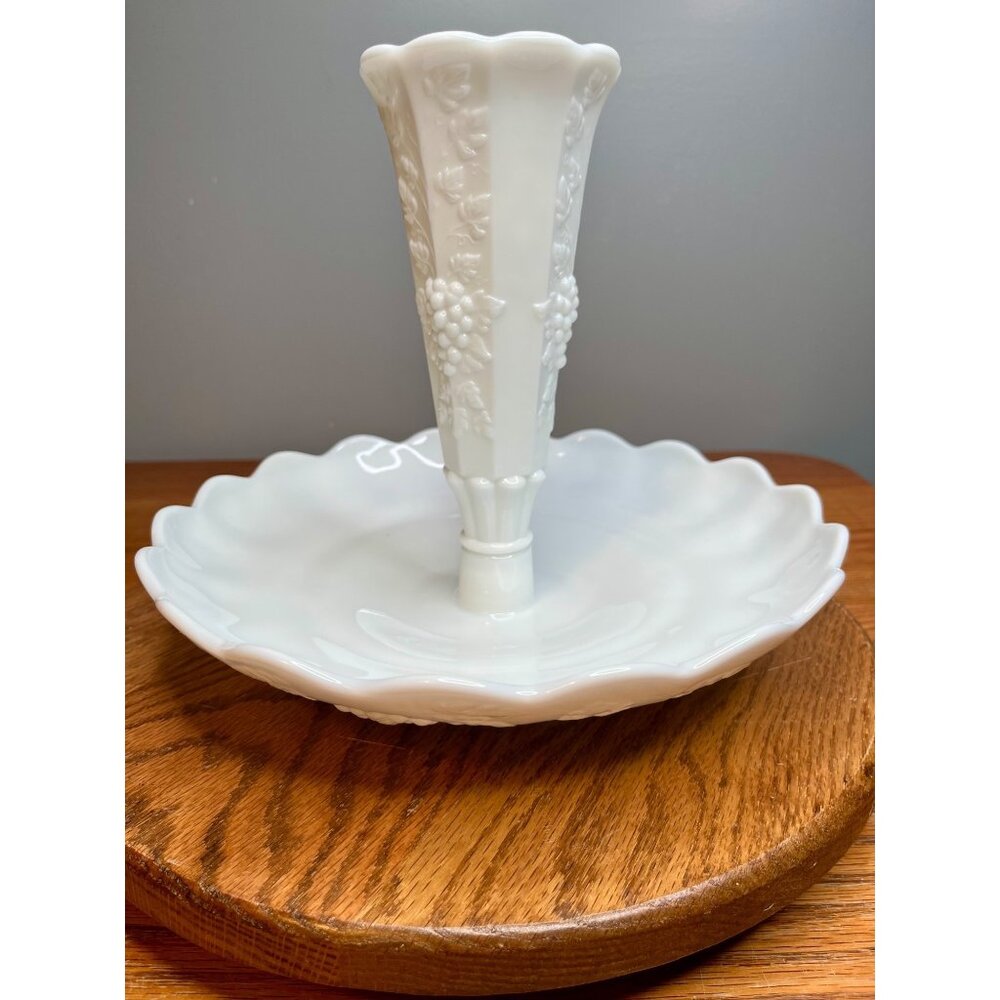 Westmoreland Milk Glass Paneled Grape Epergne with scalloped bowl